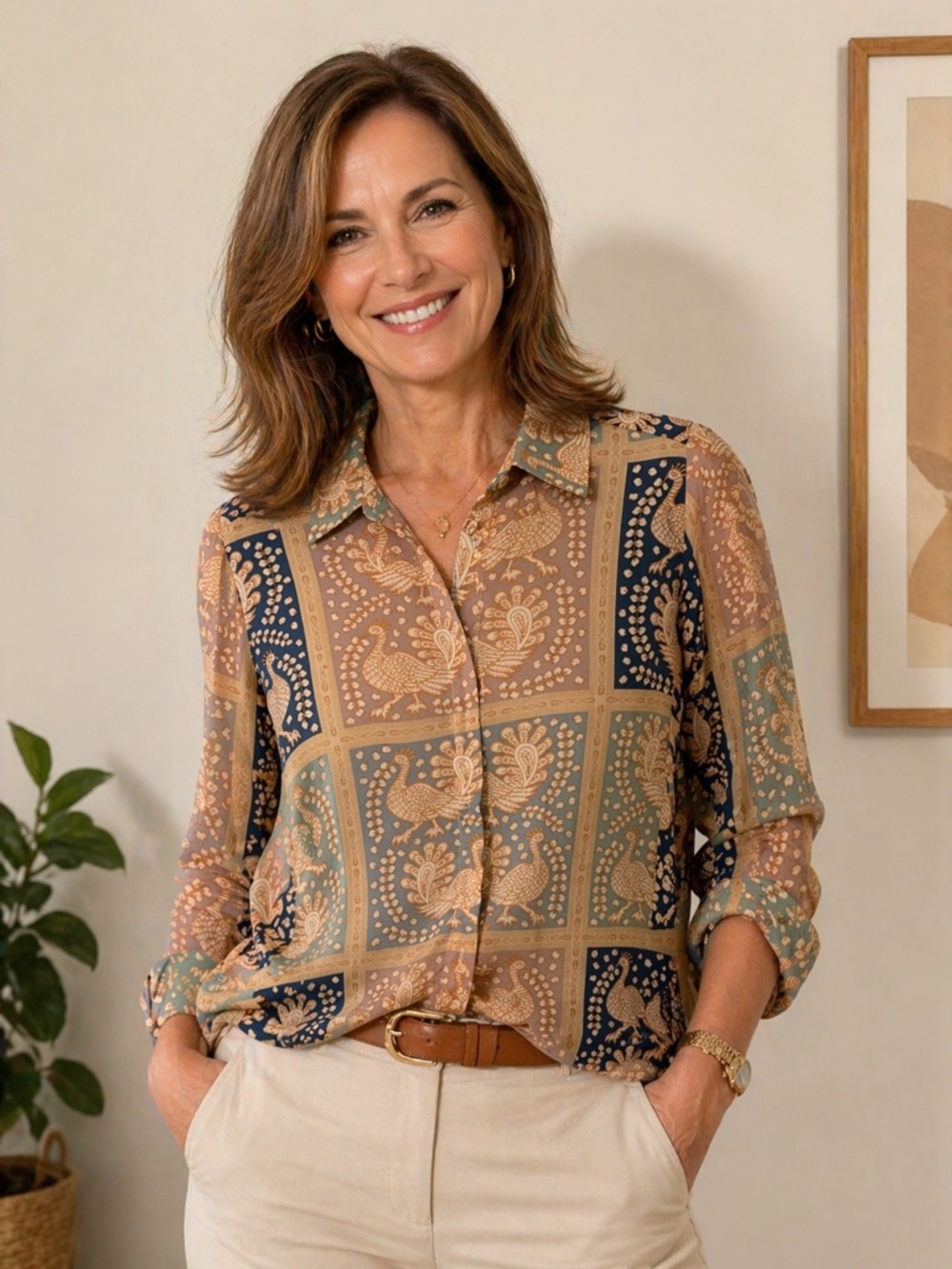 Rose & Olive Paisley Patchwork Button-Down in Tan, Navy, and Sage
